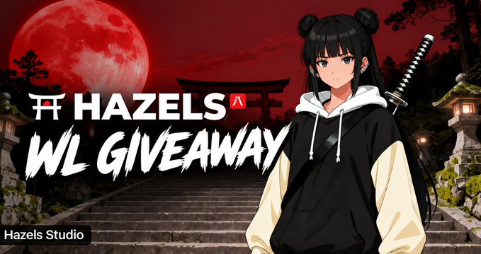 A promotional banner for 'HAZELS WL GIVEAWAY' featuring an anime-style character in a black and white hoodie with a sword, set against a red moon and Japanese torii gate background.