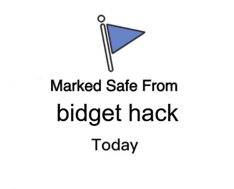 A graphic showing a blue flag icon with the text 'Marked Safe From bidget hack Today', referencing a Bidget hack notification.