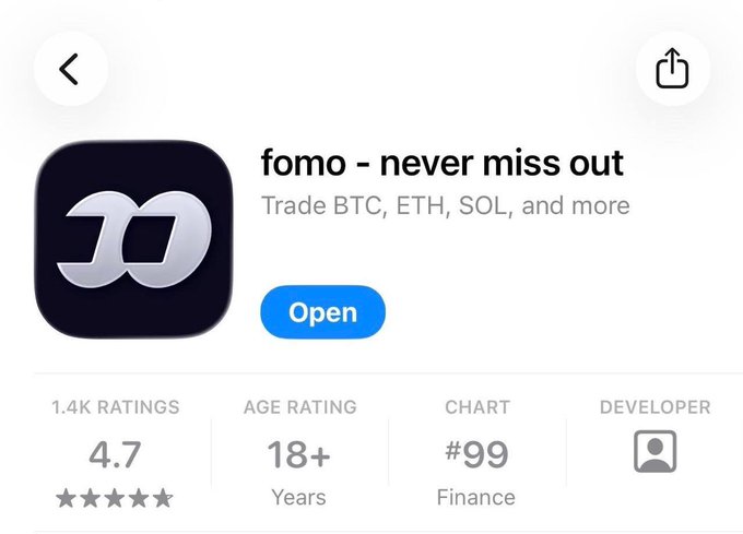 The image shows a screenshot of an app called "Fomo - Never Miss Out", which appears to be related to cryptocurrency or Bitcoin. The app has been rated 1,4k stars by users and is available for download from the App Store. It seems that the app focuses on providing information about the current state of various cryptocurrencies like Bitcoin.