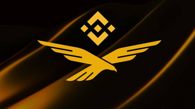 A golden stylized eagle with spread wings is centered on a black background, positioned below the Binance logo (a diamond-shaped icon of four smaller diamonds). The design features flowing golden light streaks, representing the Binance USD1 promotional campaign mentioned in the post about WLFI token rewards.