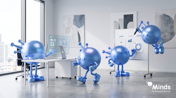 Four blue spherical robots with limbs work collaboratively in a modern office, interacting with a computer, whiteboard, and each other, branded with 'Minds by Animochi Brands'.