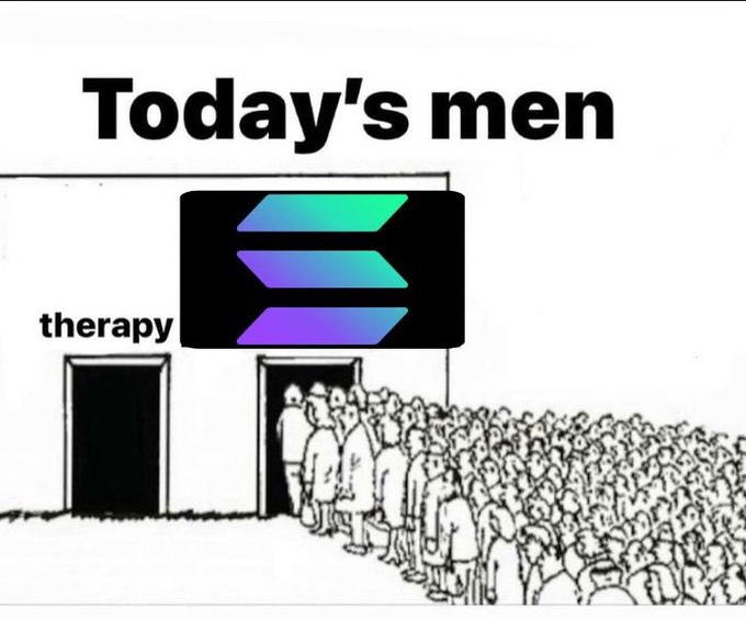 The image features a crowd of people standing outside a building, with a sign that reads "Today's Men Therapy". The text "Only Solana." is also present in the image. This suggests that the therapy session is exclusive to individuals who have invested in Solana cryptocurrency or are interested in its development and future growth.