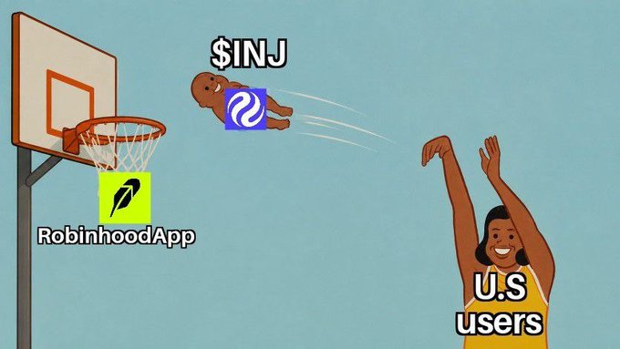 A cartoon basketball meme showing the RobinhoodApp logo on the hoop, the Polygon ($INJ) logo as a flying player, and a 'U.S. users' character attempting to block the shot.