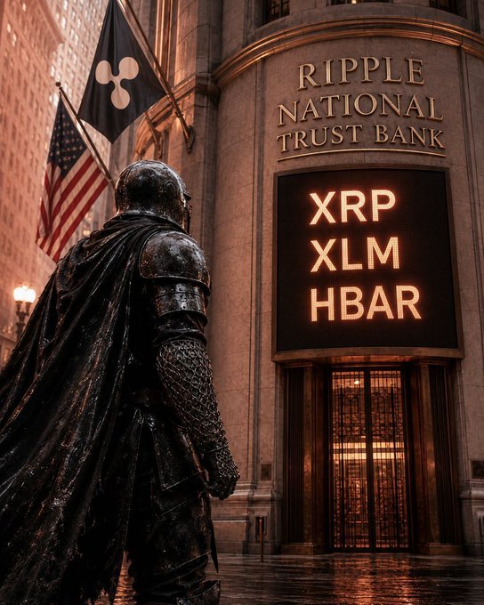 An armored figure stands outside a bank labeled “RIPPLE NATIONAL TRUST BANK,” beneath a glowing sign listing XRP, XLM, and HBAR. The imposing crypto-themed scene reinforces the post’s message to XRP holders about staying patient despite price declines and delayed expectations.