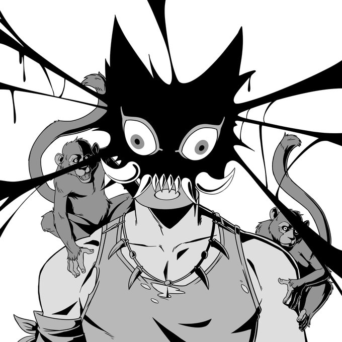 A black and white stylized illustration featuring a menacing dark figure with sharp teeth and wide eyes, flanked by two monkeys, with one appearing to climb near a spiked necklace.