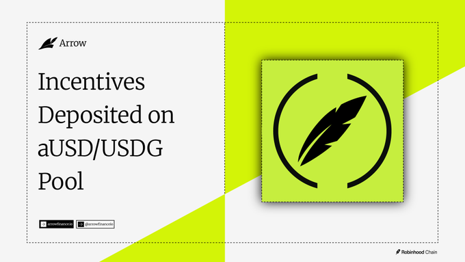 A promotional graphic from Robinhood Chain displays "Incentives Deposited on aUSD/USDG Pool" alongside an Arrow logo on a green and white background. The image visually supports the post's call to action, encouraging users to vote for the aUSD/USDG pool to direct extra UP emissions rewards.