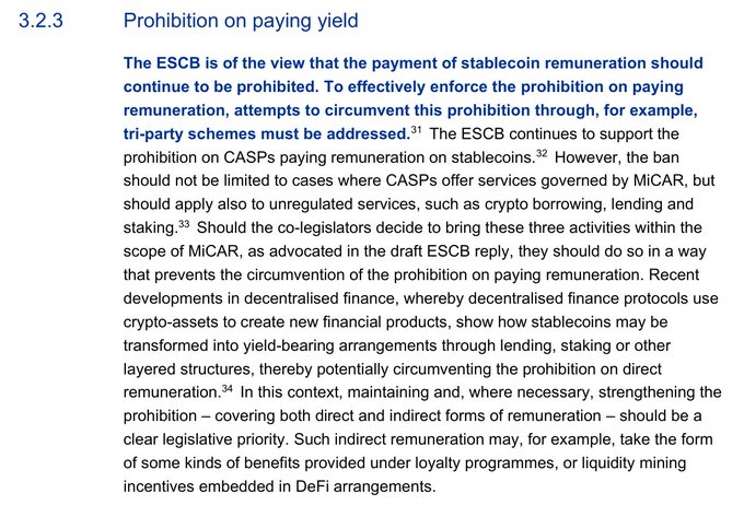 Excerpt from an ECB document titled '3.2.3 Prohibition on paying yield' discussing stablecoin remuneration, CASPs, MiCAR, and concerns about circumvention through crypto borrowing, staking, loyalty programs, and DeFi liquidity mining incentives.