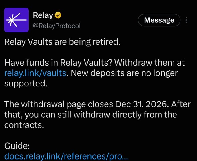 A screenshot of an X (Twitter) post from Relay (@RelayProtocol) announcing that Relay Vaults are being retired and instructing users to withdraw funds at relay.link/vaults before the page closes on December 31, 2026.