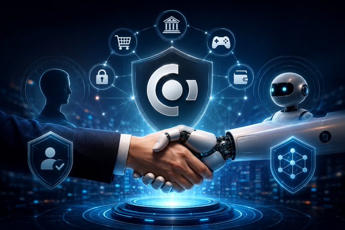 A futuristic digital illustration depicting a human hand shaking a robotic hand, surrounded by glowing icons representing banking, gaming, shopping, security, and connectivity, symbolizing AI-human collaboration.