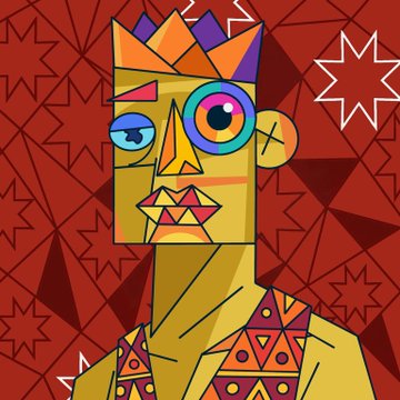 A colorful abstract cubist-style portrait of a figure with mismatched blue and pink eyes, an orange crown, and geometric patterns against a red starry background.