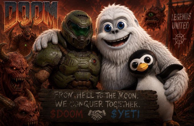 The image is a promotional crossover poster featuring the Doom Slayer armored figure, the Abominable Snowman (Yeti), and a penguin, with a banner reading "Legends United" and a wooden sign stating "From Hell to the Moon, we conquer together. $DOOM 🖐️ $YETI." It visually represents the meme's thesis by humorously merging a classic gaming franchise and a cultural icon into tradable tokens, illustrating the emergence of "pure cultural assets" as the next frontier beyond personality tokens.
