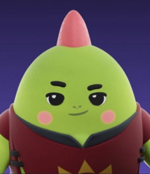 A close-up digital rendering of a cute green mascot character with a pink pointy top, rosy cheeks, and a red and yellow outfit, set against a purple background.