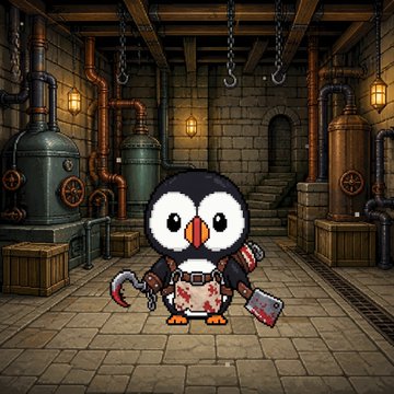 A pixelated puffin character dressed as a butcher with a cleaver, hook, and blood-stained apron stands in a steampunk basement filled with industrial pipes and tanks. The image ties into the post promoting a limited collection of 3,333 Pixelated Puffins, showcasing the dark, edgy art style of the NFT project launching on OpenSea.