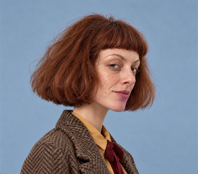 Studio portrait of a red-haired woman with a short bob and bangs, wearing a brown textured coat, mustard shirt, and burgundy bow tie against a pale blue background.