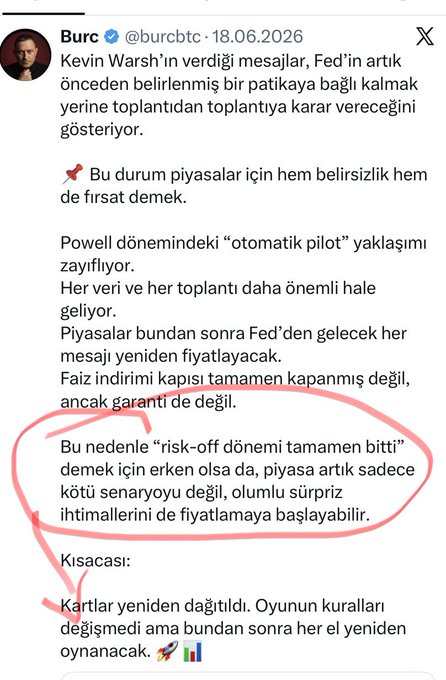 Turkish Twitter/X post by Burc (@burcbtc) dated 18.06.2026 discussing Kevin Warsh's message to the Fed about breaking away from party-based decisions, with key sections circled in red.