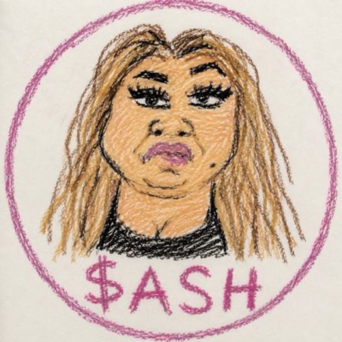 A sketched portrait of a woman with blonde hair inside a purple circle labeled '$ASH' at the bottom.
