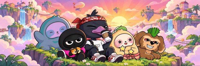 A colorful illustrated banner featuring four cartoon characters posing together on a grassy cliff against a fantasy sky with floating islands and castles.