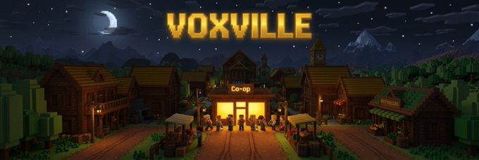 A pixel-art illustration of a nighttime village scene labeled 'VOXVILLE' with a central 'Co-op' building surrounded by wooden houses and villagers.