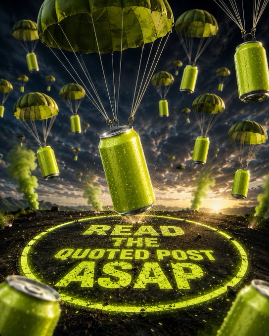 A digital artwork showing green beverage cans descending via parachutes onto a landing pad that reads 'READ THE QUOTED POST ASAP' in neon green lettering.
