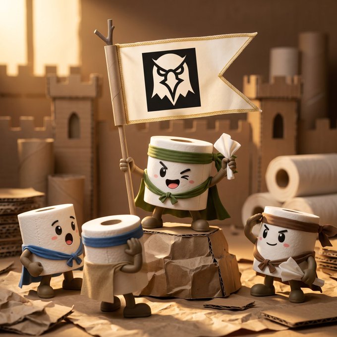 A cute 3D-rendered illustration featuring toilet paper roll characters dressed as warriors, with one standing on a rock holding a flag bearing an owl logo, set in a cardboard castle environment.