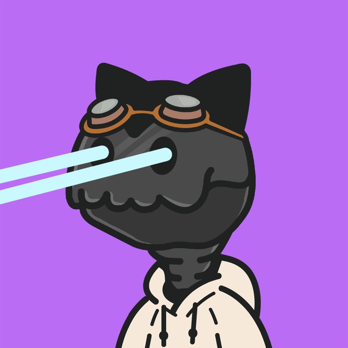 A cartoon illustration of a black cat-like character wearing goggles and a hoodie, shooting laser beams from its eyes against a purple background.