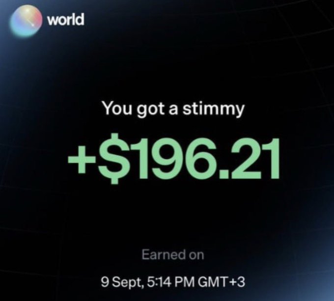 A screenshot of a digital notification showing 'You got a stimmy +$196.21' earned on '9 Sept, 5:14 PM GMT+3' from an app called 'world'.