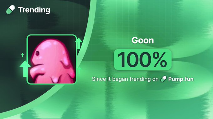 A green-themed "Trending" graphic features a pink blob-like character next to the text "Goon 100%," indicating the token has surged 100% since it began trending on Pump.fun.