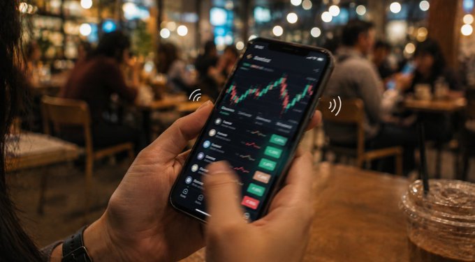 A close-up photograph shows hands using a smartphone displaying a financial trading app with candlestick charts and stock tickers in a dimly lit, busy cafe.