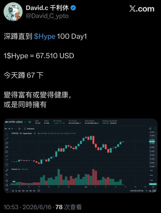 A X.com (formerly Twitter) post by David.c 千瓦 (@David_C_ypto) shows a commitment to do 100 squats over 100 days for $Hype, noting '1$Hype = 67.510 USD' and 'today's 67 squats,' alongside a price chart.
