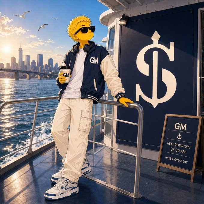 An anime-style character with yellow hair and sunglasses wearing a 'GM' jacket standing on a ferry deck with a coffee cup, next to a large '$' logo sign and a sign reading 'GM - NEXT DEPARTURE 08:30 AM - HAVE A GREAT DAY' with a city skyline in the background.