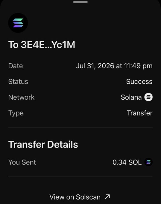 A Solana wallet transaction screenshot showing a successful transfer of 0.34 SOL (~$25) to address "3E4E...Yc1M" on July 31, 2026 at 11:49 pm, visually confirming the post's claim about sending $25 to a friend.