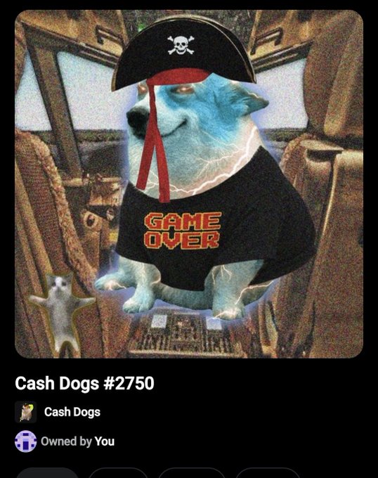 A digital NFT artwork titled 'Cash Dogs #2750' depicting a glowing blue Shiba Inu dog wearing a pirate hat and a 'GAME OVER' t-shirt, marked as 'Owned by You'.