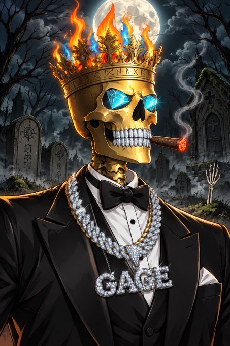 A stylized digital illustration of a golden skull wearing a flaming crown, blue diamond eyes, a black tuxedo, diamond chains, and a 'GAGE' pendant, holding a smoking cigar in a graveyard setting.