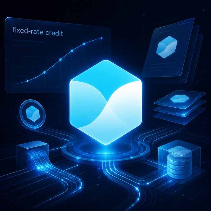 A 3D digital illustration showing a glowing blue cube/crystal on a platform, accompanied by a 'fixed-rate credit' line graph and other floating data elements, suggesting a financial or cryptocurrency platform.