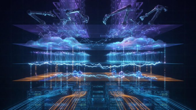 The image depicts a futuristic digital visualization with robotic arms manipulating glowing blue and purple cloud-like structures above circuit board patterns, symbolizing the intersection of AI infrastructure and onchain technology. This abstract tech imagery visually reinforces the post's announcement about Reserve Protocol launching five DTFs on BNB Chain, each targeting a distinct layer of the AI stack.