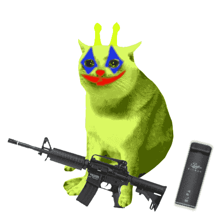 A humorous edit of a green cat with clown-like makeup (blue around eyes, red lips) sitting behind an M4 rifle, with a mobile phone displayed beside it.