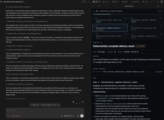Screenshot of an AI agent task interface showing a 3-task Krypton plan in progress, with the final task building out a real-time tracker dashboard displaying child task IDs, plans, and statuses (52/60:14:15).