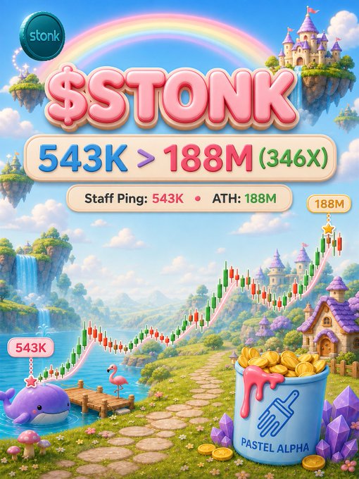 A colorful crypto promotional graphic for '$STONK' featuring a castle, rainbow, whale, and a stock chart showing '543K > 188M (346X)' with 'Pastel Alpha' branding.