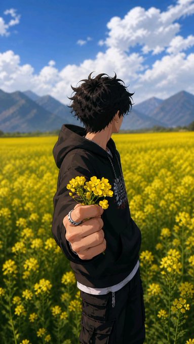 An anime-style figure with dark hair in a black hoodie holds out a bouquet of yellow flowers in a field of rapeseed blossoms under a bright sky.