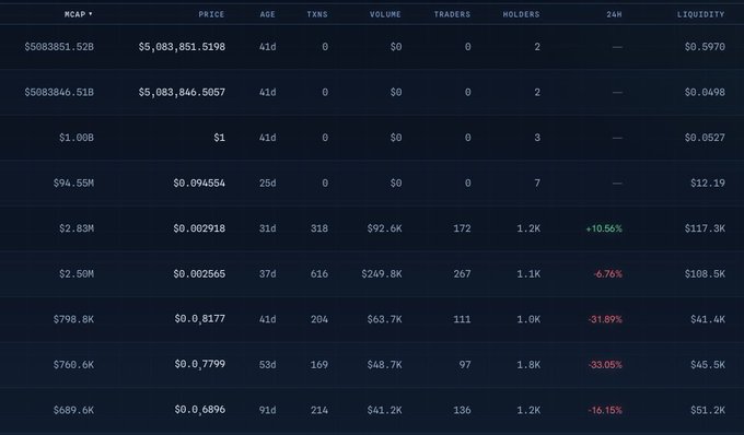 A cryptocurrency market data table displaying columns for MCAP, PRICE, AGE, TXNS, VOLUME, TRADERS, HOLDERS, 24H, and LIQUIDITY, with various tokens showing metrics like MCAP of $5,083,851.52B and 24H changes including +10.56% and -33.05%.