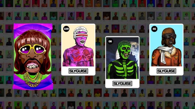 Four colorful NFT avatars from the "Slyguise" collection, numbered 109, 08, and 45, are displayed against a background grid of numerous similar character cards, showcasing the project's diverse hand-drawn artwork. This visual aligns with the post's claim of a 1,000-piece NFT collection aiming for mainstream popularity.