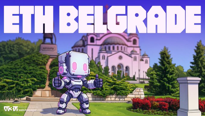 A promotional graphic for 'ETH BELGRADE' features a robot character giving thumbs up in front of a cathedral.