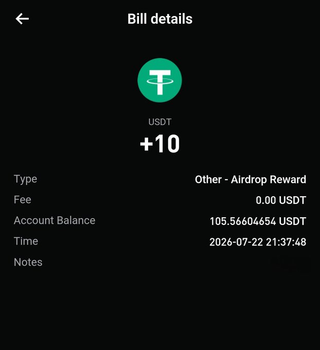 Bill details screen showing an airdrop reward of +10 USDT, with a final account balance of 105.56604654 USDT dated 2026-07-22 21:37:48.