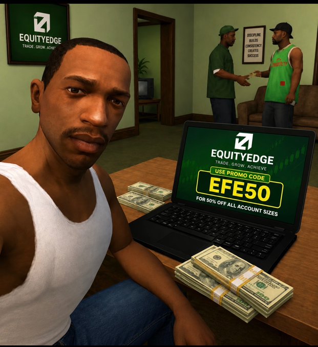A promotional image for 'EQUITYEDGE' featuring a man at a desk with a laptop displaying promo code 'EFE50' for 50% off, stacks of cash, and 'Discipline Builds Consistency Creates Success' text on a framed poster.
