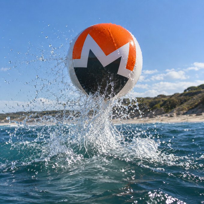 A red, white, and black ball with an 'M' logo (resembling a Metroid morph ball) splashes dramatically as it emerges from ocean water.