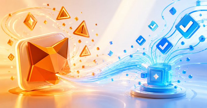 A 3D rendered graphic showing an orange app icon with warning triangle symbols on the left transforming into a blue app icon with checkmark symbols on the right, suggesting a transition from alerts to confirmations.