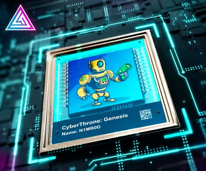 A digital artwork titled 'CyberThrone: Genesis' with 'Name: N1MR0D' shows a yellow robot holding a green device on a screen embedded within a glowing circuit board.