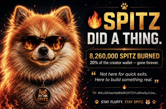 A promotional graphic features a Pomeranian dog wearing fire-reflecting sunglasses, with bold text reading 'SPITZ DID A THING,' stating '8,260,000 SPITZ BURNED, 20% of the creator wallet — gone forever,' and ending with 'STAY FLUFFY. STAY SPITZ.'