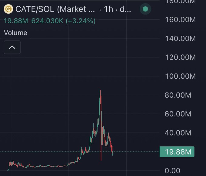The image shows a candlestick chart of the CATE/SOL trading pair, displaying a current price of 19.88M with a 3.24% gain and 624.030K volume, following a dramatic spike to roughly 85M before retracing back down. This suggests CATE experienced a massive pump-and-dump cycle, with the price now sitting well off its highs—a cautionary chart that aligns with the post seeking thoughts on the token's prospects.