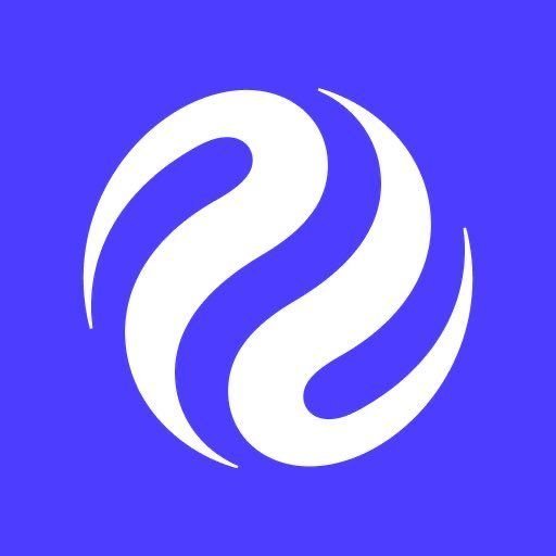 A stylized white swirling logo is centered on a solid blue background.